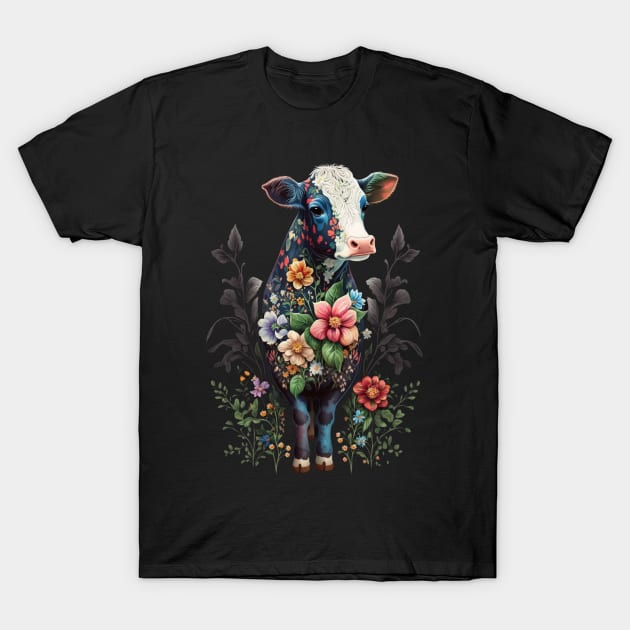 Cute Floral Cow Heifer Animal Lover Dairy Farming Farmer T-Shirt by Kertz TheLegend